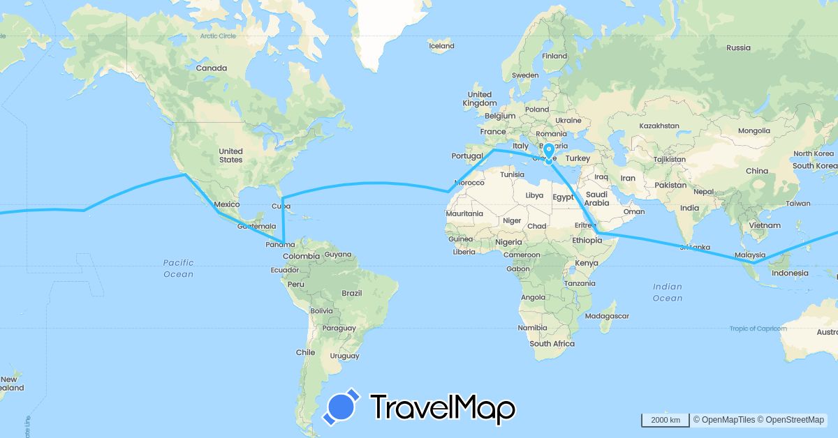 TravelMap itinerary: driving, boat in Egypt, Spain, Gibraltar, Greece, Guatemala, Sri Lanka, Mexico, Panama, Singapore, United States (Africa, Asia, Europe, North America)